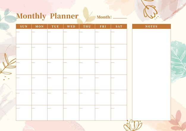 Fondo de pincel de acuarela beige elegante Tinta de aerosol pastel Flores Hojas Planificador de calendario mensual