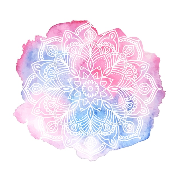 Vector fondo de pintura de acuarela rosa y azul con garabatos y mandalas redondos dibujados a mano blanca