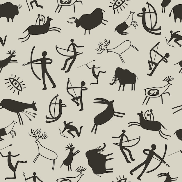 Fondo de pintura rupestre. Pintura rupestre de la edad de piedra de patrones sin fisuras con animales prehistóricos y antiguos cazadores, textura de dibujo de cueva de vector