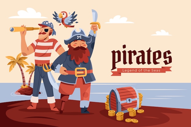 El fondo de piratas planos dibujados a mano con personajes en una isla.