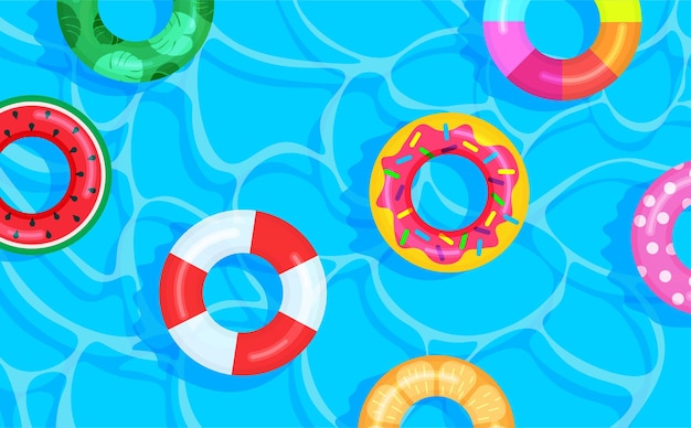 Fondo de piscina con aros salvavidas de diferentes colores verano