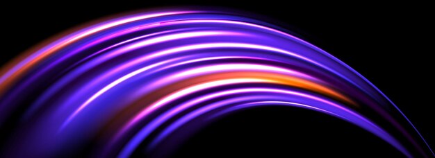 El fondo de la pista de luz de neón brillante líneas de velocidad púrpura rosa brillante con remolino curvo luminoso mágico