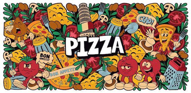 Vector un fondo de pizza colorido en estilo de dibujos animados, este diseño se puede utilizar como papel tapiz para un restaurante