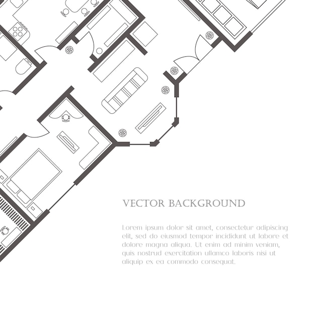 Vector fondo del plan de la casa para la plantilla de presentación del banner de la tarjeta real estate publicidad social portada del cuaderno cartel o postal edificio con muebles ilustración vectorial