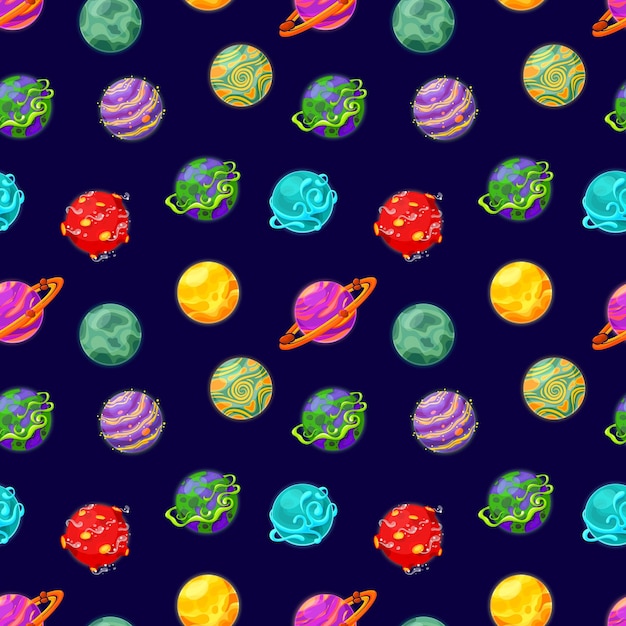 Fondo de planetas de fantasía elementos de diseño de juego loco universo místico textura sin costuras para tela de niños web impresión de vector de espacio de juego