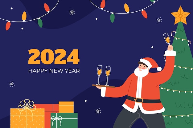 Fondo plano para el año nuevo 2024 con un hombre vestido con traje de santa