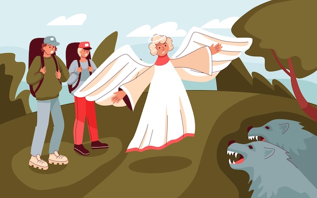 Vector fondo plano de apoyo divino con personaje de ángel salvando a jóvenes turistas del ataque de lobos ilustración vectorial de dibujos animados