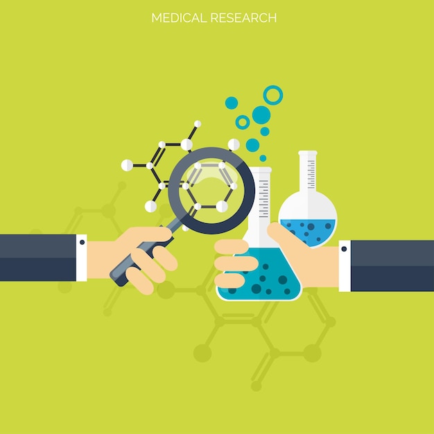 Fondo plano de atención médica e investigación médica Concepto de sistema de salud Medicina e ingeniería química