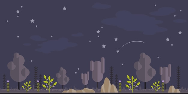 Fondo plano del bosque de verano de medianoche Paisaje simple y lindo para su diseño
