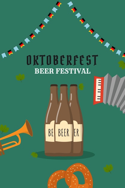 Fondo plano para la celebración del oktoberfest Una jarra de cerveza una botella de cerveza un pretzel una salchicha