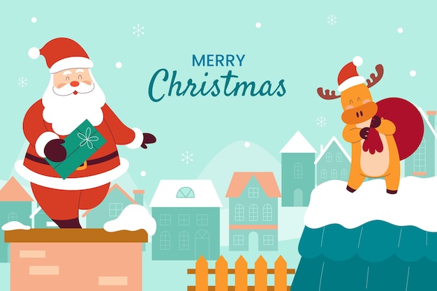Fondo plano para la celebración de la temporada navideña con santa y renos