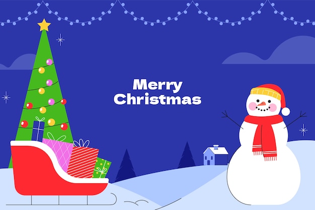 Fondo plano para la celebración de la temporada navideña con trineo de regalos y muñeco de nieve
