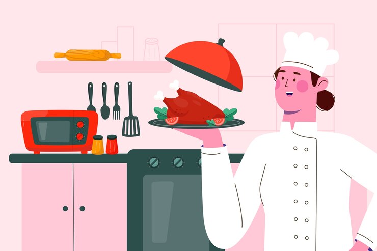 Vector fondo plano de cocina dibujado a mano con un chef presentando un plato