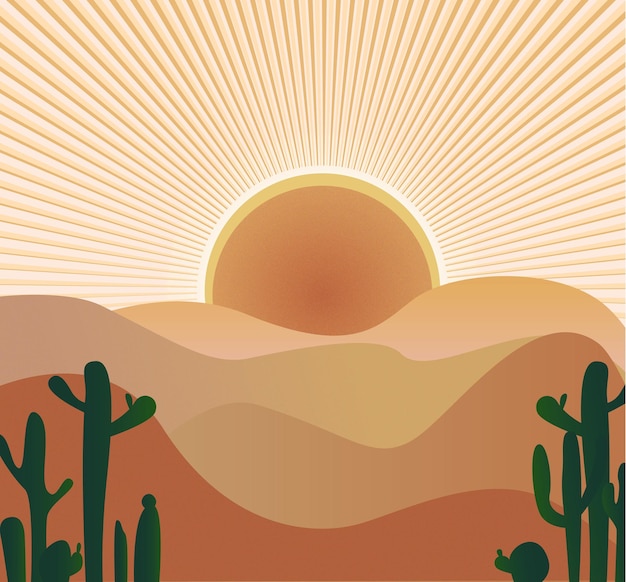 Fondo plano desierto olas gradiente arena puesta de sol grandes rayos cactus diseño moderno en estilo boho calma
