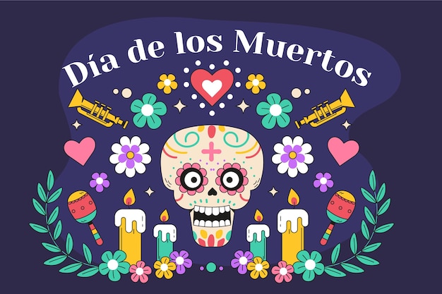 Fondo plano dia de muertos dibujado a mano