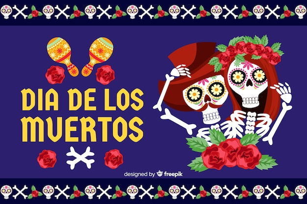 Fondo plano día de muertos con pareja de esqueletos