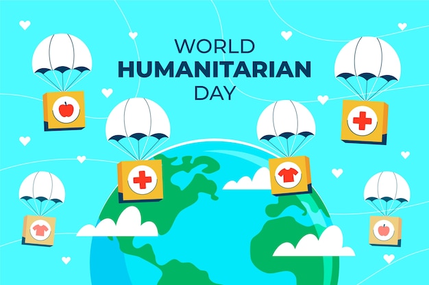 Fondo plano del día mundial humanitario con cajas de paracaidismo