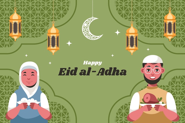 Vector fondo plano de eid al-adha con gente y comida