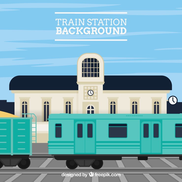 Vector fondo plano con estación de tren y edificio