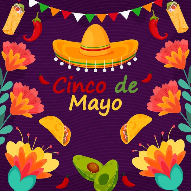 Vector fondo plano festival del cinco de mayo con elemento de partículas