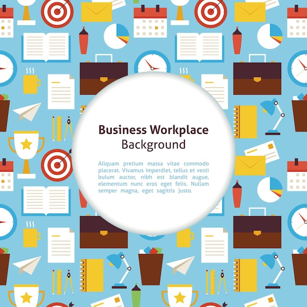 Fondo plano del lugar de trabajo del negocio del vector. Ilustración de vector de estilo plano para la plantilla de promoción de la vida empresarial de la oficina. Objetos y herramientas de oficina coloridas para publicidad. Identidad corporativa con texto