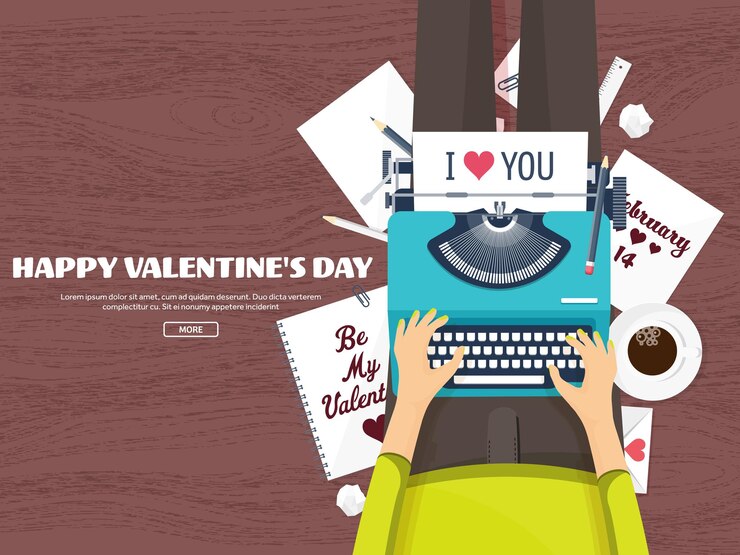 Vector fondo plano con máquina de escribir corazones de amor día de san valentín sea mi valentín febrero vector