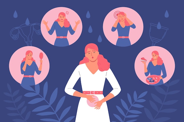 Vector fondo plano de la menstruación con la mujer tocando el vientre y sufriendo de dolor de períodos menstruales ilustración vectorial