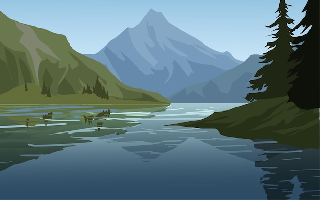 Vector fondo plano con montaña y lago.