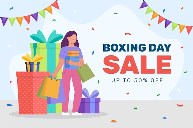 Vector fondo plano de venta y compras de boxing day