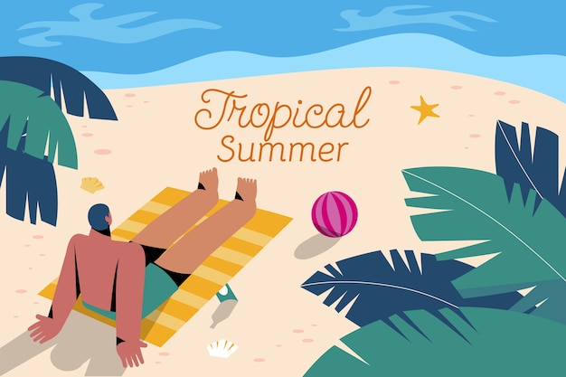 Vector fondo plano de verano tropical con hombre en la playa