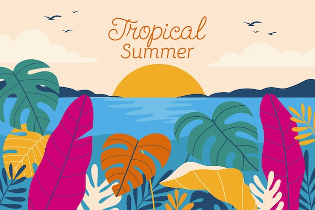 Vector fondo plano de verano tropical con playa y hojas