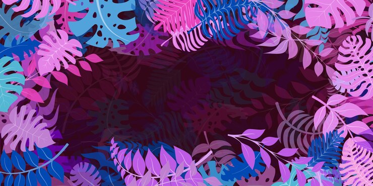 Vector fondo con plantas exóticas de la selva hojas de palmeras tropicales ilustración de la selva tropical en colores púrpuras