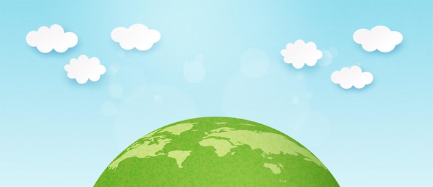 Vector fondo de plantilla abstracta de arte de papel 3dtierra verde con nubes en el cielo azulfeliz día de la tierra y día mundial del medio ambienteilustración vectorial