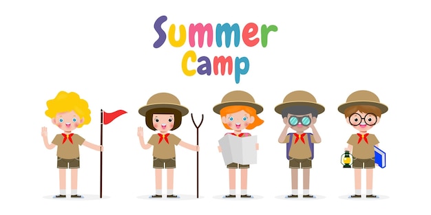 fondo de plantilla de banner de campamento de verano los niños usan uniforme de honor scout educación para publicidad