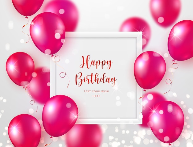 Fondo de plantilla de banner de tarjeta de celebración de feliz cumpleaños de marco elegante rosa rosa ballon y sqaure