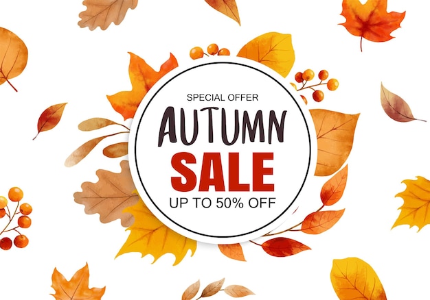 Fondo de plantilla de banner de venta de otoño. Venta de compras de otoño con marco de hojas y texto.