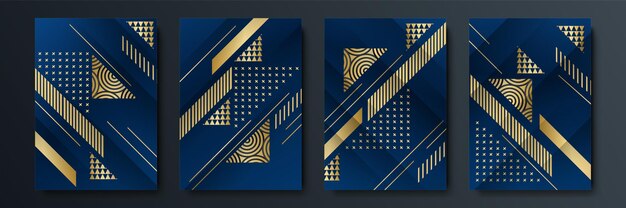 Fondo de plantilla de cubierta azul oscuro abstracto con forma geométrica y combinación de elementos dorados
