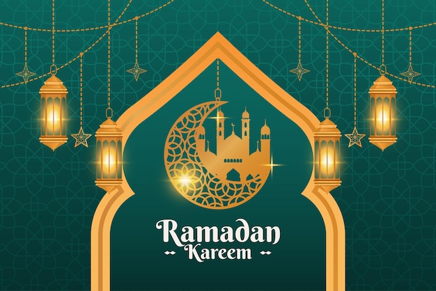 Fondo de plantilla de diseño de saludos islámicos ramadan kareem con hermosas linternas y media luna