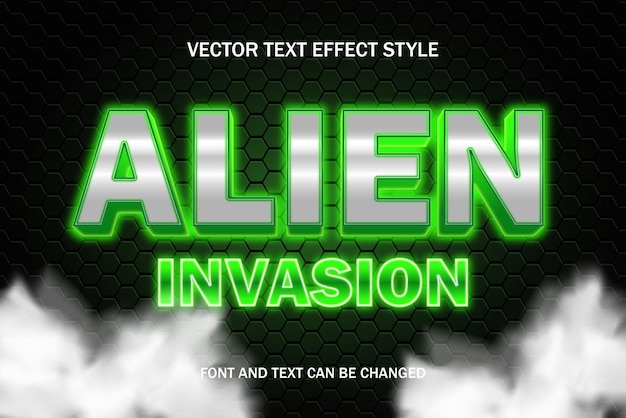 Fondo de plantilla de estilo de fuente de efecto de texto editable de tipografía de fuente de luz verde de invasión alienígena