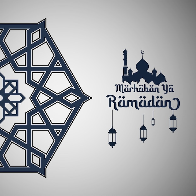 Vector fondo de plantilla marhaban ya ramadan, diseño con, linterna, mezquita sobre fondo azul, vector
