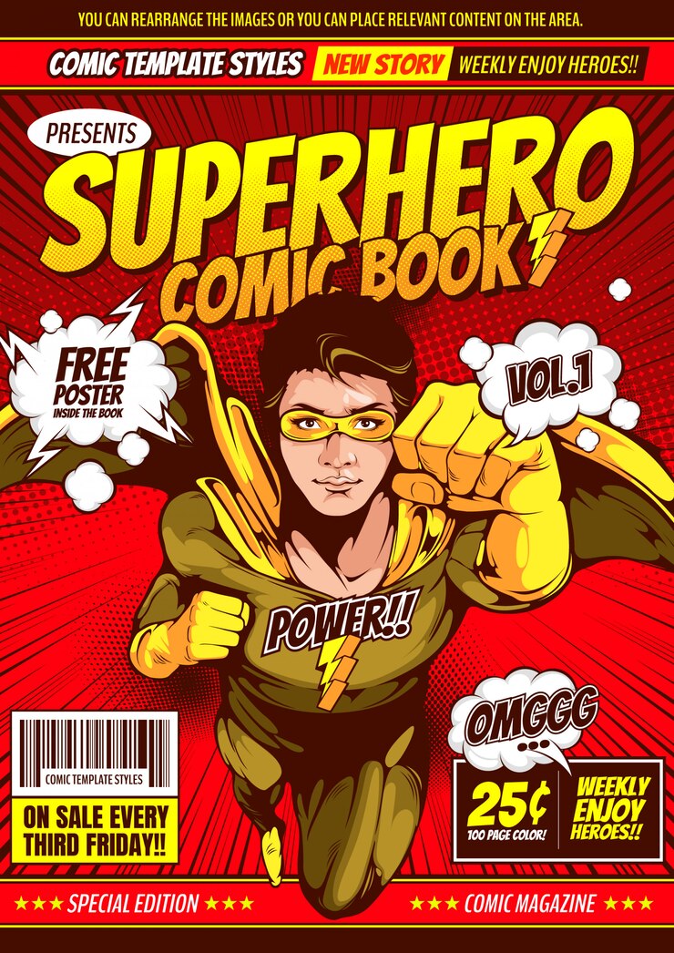 Fondo de plantilla de portada cómica de superhéroe.