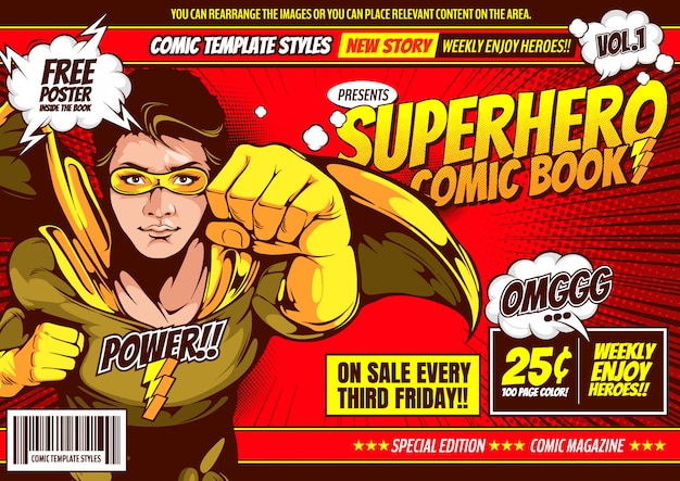 Fondo de plantilla de portada cómica de superhéroe.