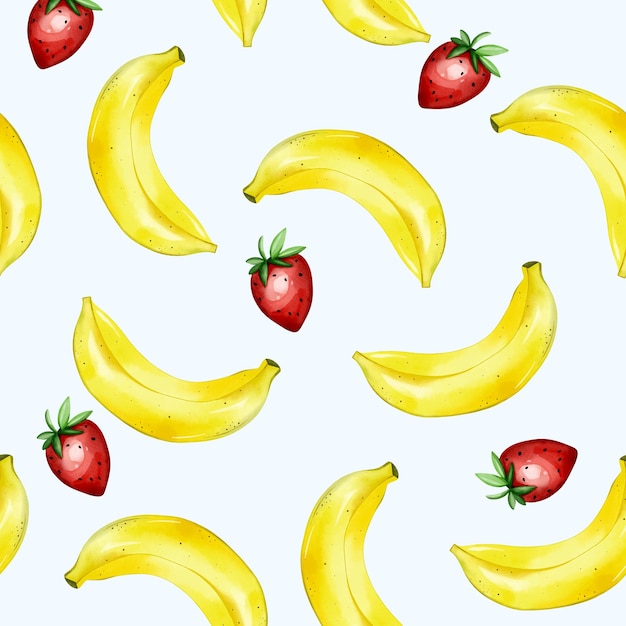 Fondo de plátano de acuarela patrón sin costuras con plátano y fresa vector de papel tapiz colorido