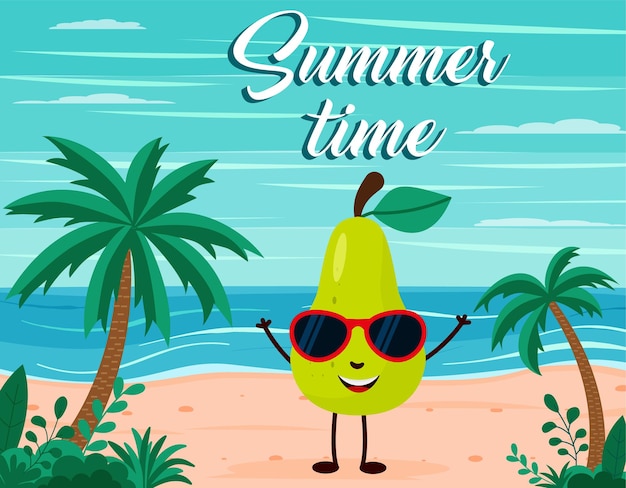 Fondo de playa de verano divertido con carácter de fruta de pera. Estilo de dibujos animados. Postal de horario de verano EPS 10