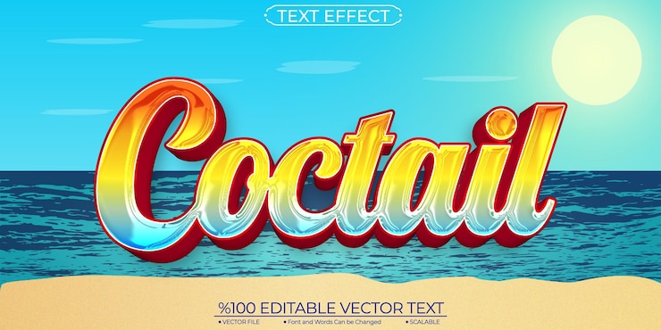 Vector fondo de playa de verano y efecto de texto vectorial editable y escalable de cóctel elegante brillante