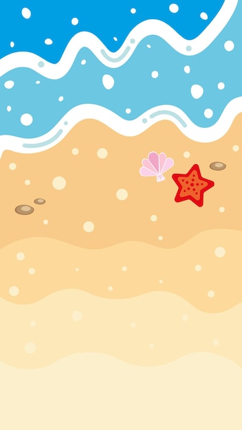 Vector fondo de playa de verano en estilo plano con olas, estrellas de mar y conchas marinas