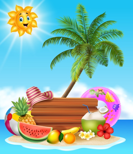 Fondo de playa de verano con frutas tropicales