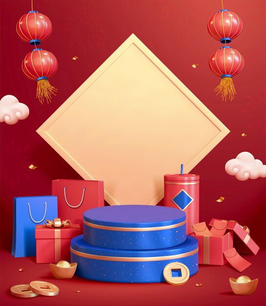 Fondo de podio 3d para CNY Hermoso escenario azul frente a un pareado de primavera en blanco con objetos de compras de regalos colocados a un lado sobre un fondo rojo