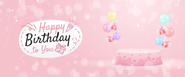 Fondo de podio feliz cumpleaños con confeti de globos y caja de regalo