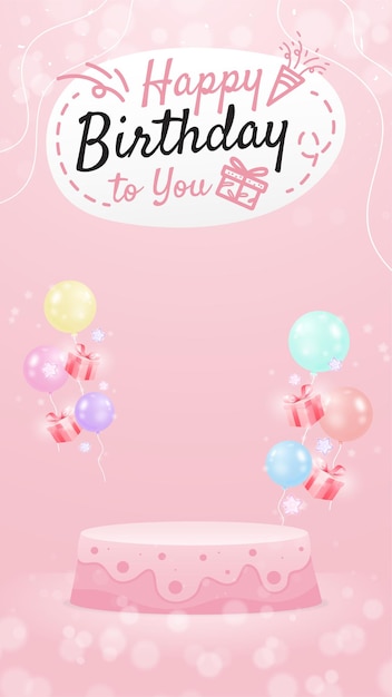 Fondo de podio feliz cumpleaños con confeti de globos y caja de regalo